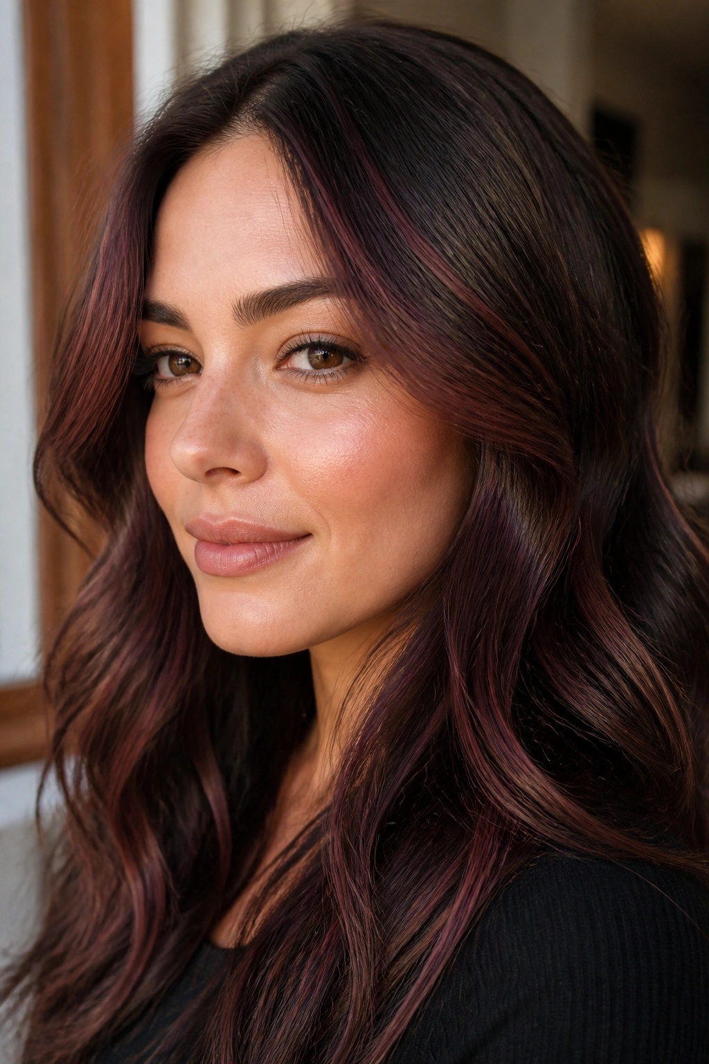 Real woman with burgundy brown contour highlights framing temples to jaw.