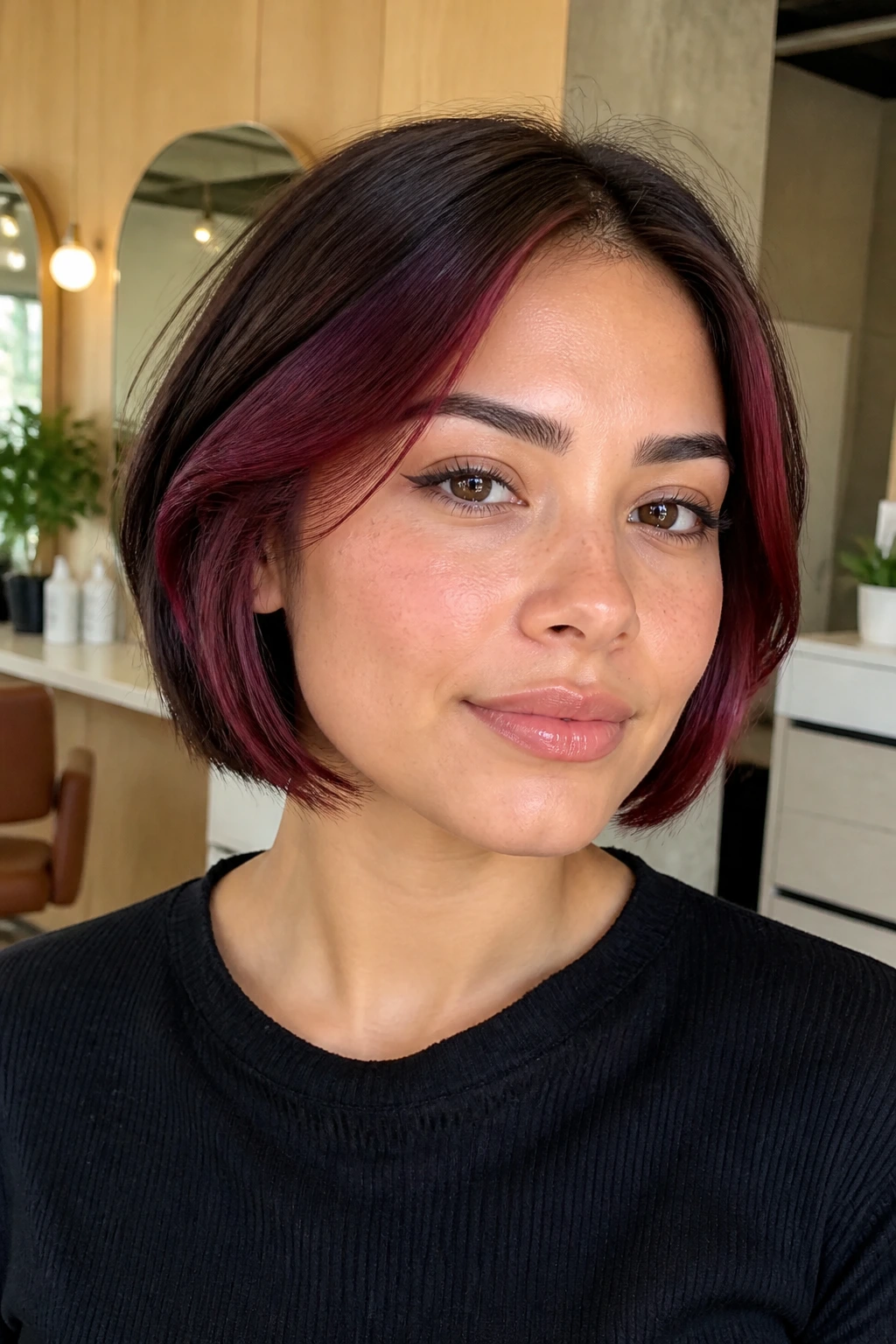 Headshot of a woman with burgundy-brown streaks around ears and temples in a short bob