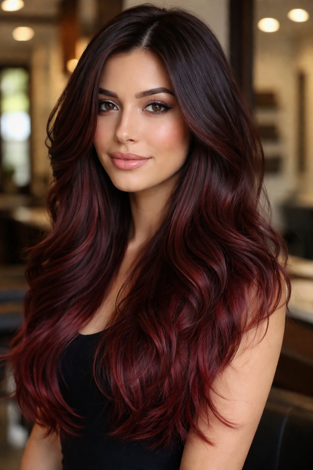 Close-up of a real woman with blended burgundy ends on brown layered hair in a warm salon