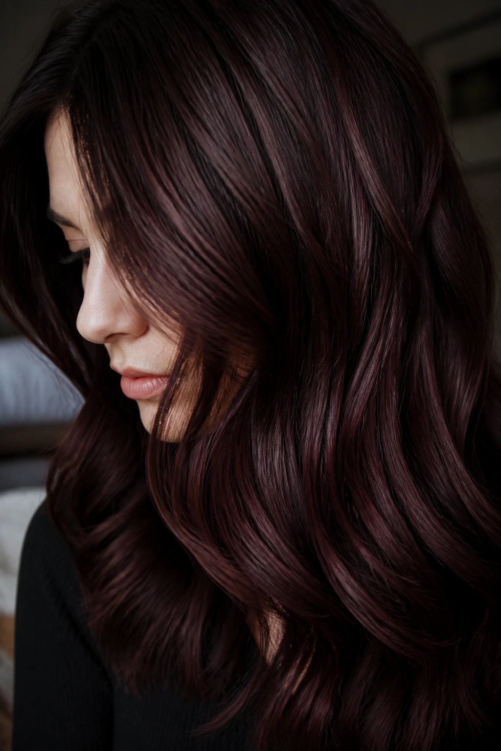 Close-up of brunette hair with burgundy brown lowlights in a moody setting