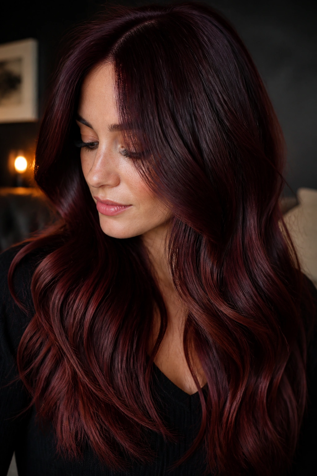 Close-up of a woman with burgundy brown melt hair in a moody indoor setting.