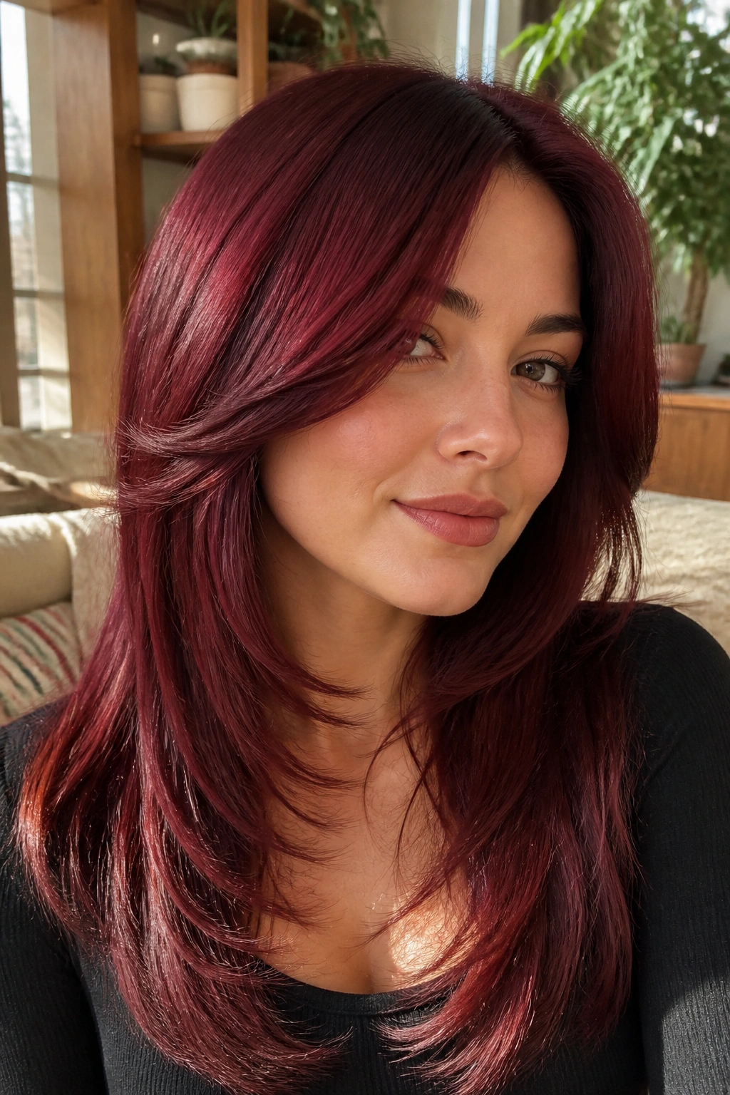 Close-up of a real woman with burgundy butterfly layers around the cheeks and shoulders.