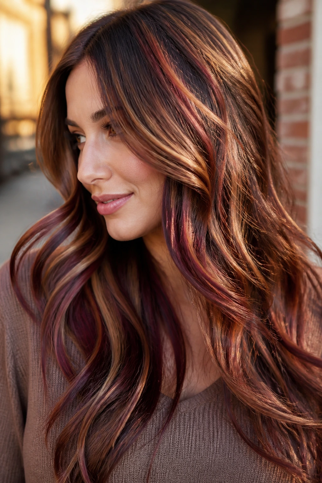 Close-up portrait of a real woman with burgundy caramel ribbon balayage in long layered hair.