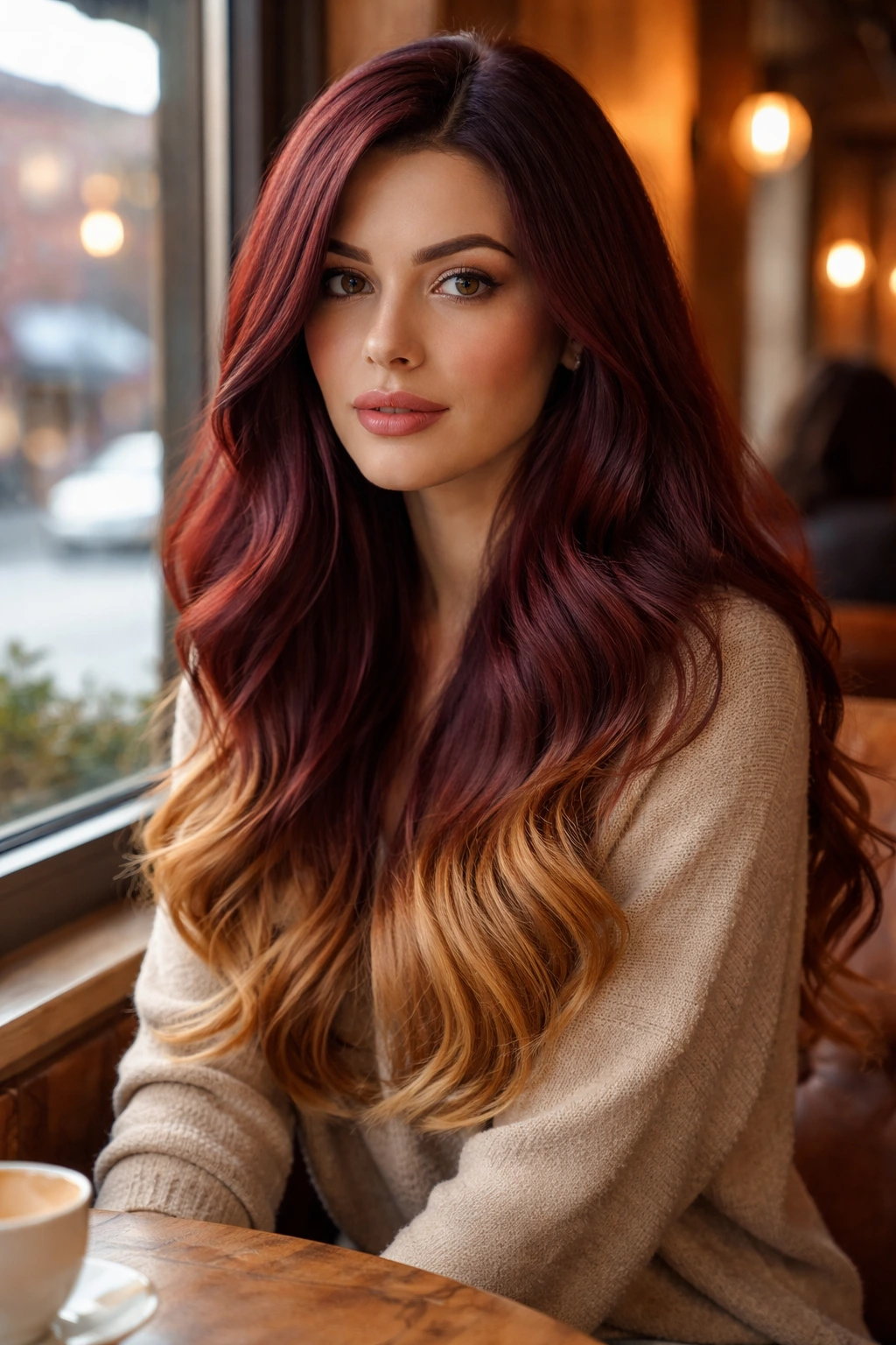 Real person with burgundy to caramel ombre hair by a cafe window