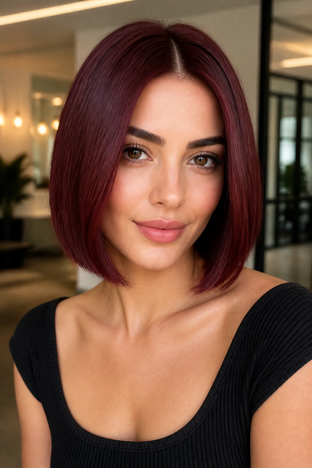 Real person with sleek burgundy center-part bob in bright interior
