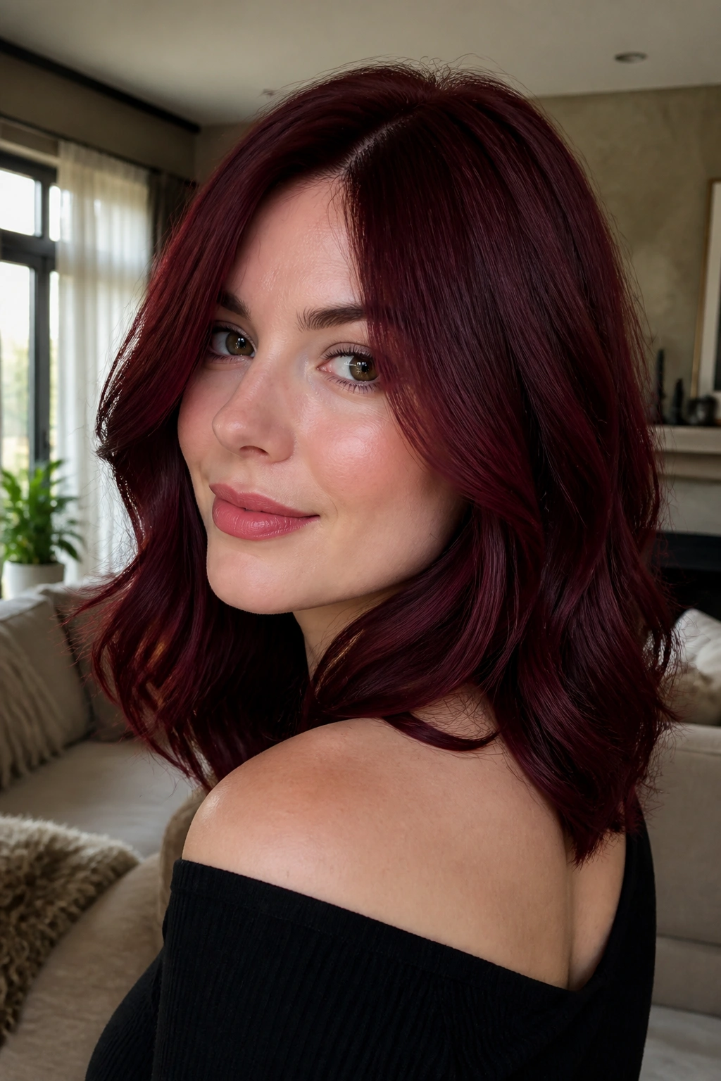 Close-up of burgundy cherry hair on cool skin, shoulder-length waves