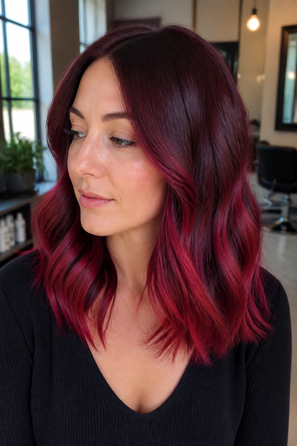 Close-up of a woman with burgundy roots fading to cherry ends in a soft melt