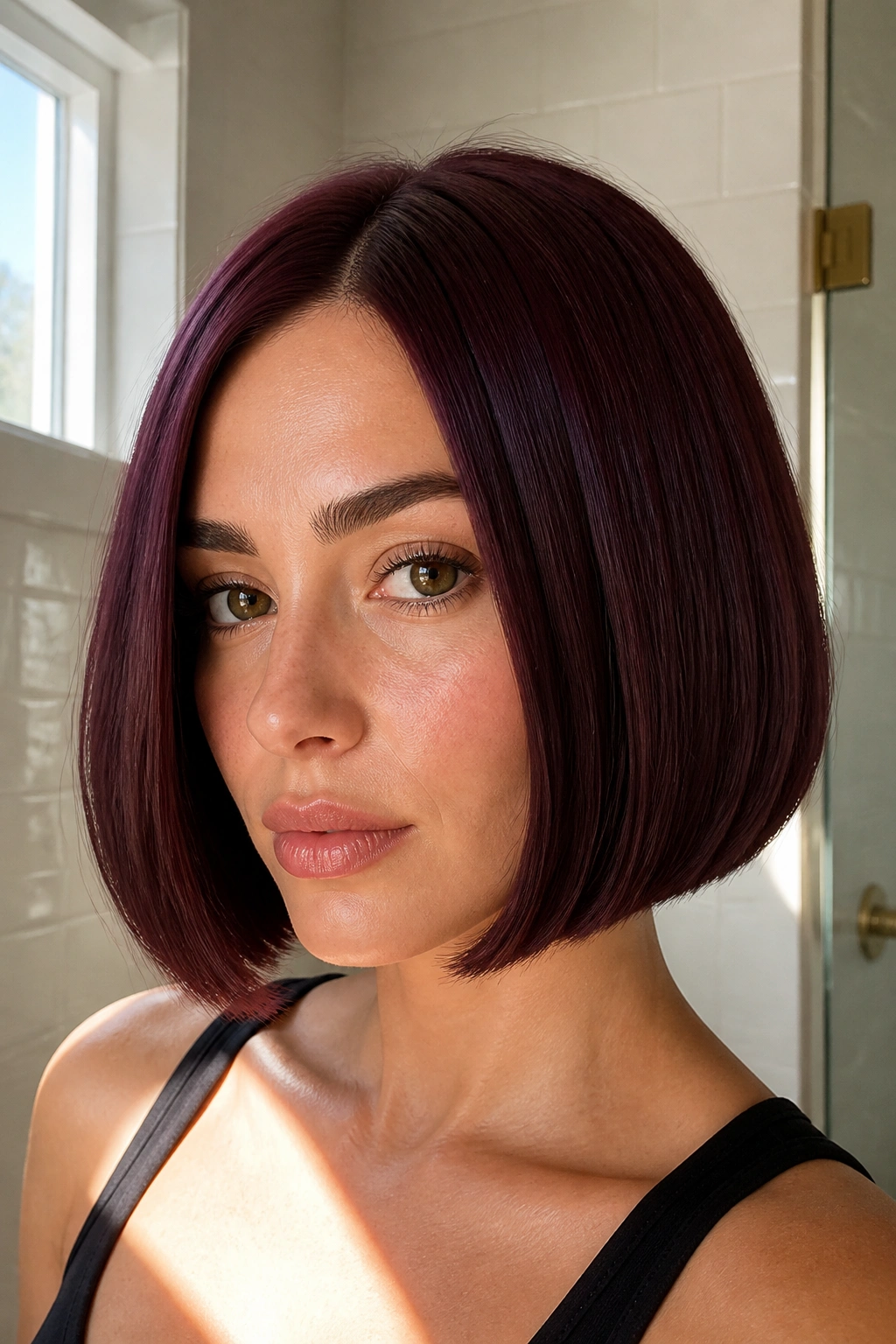 Close-up of a real woman with a blunt burgundy chin bob in a warm bathroom