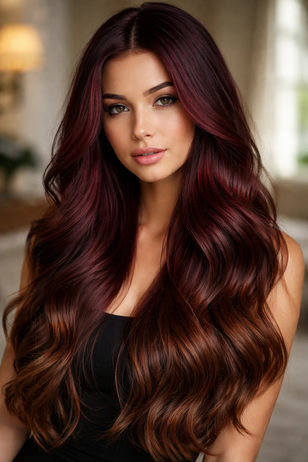 Close-up portrait of long hair transitioning from burgundy to chocolate brown