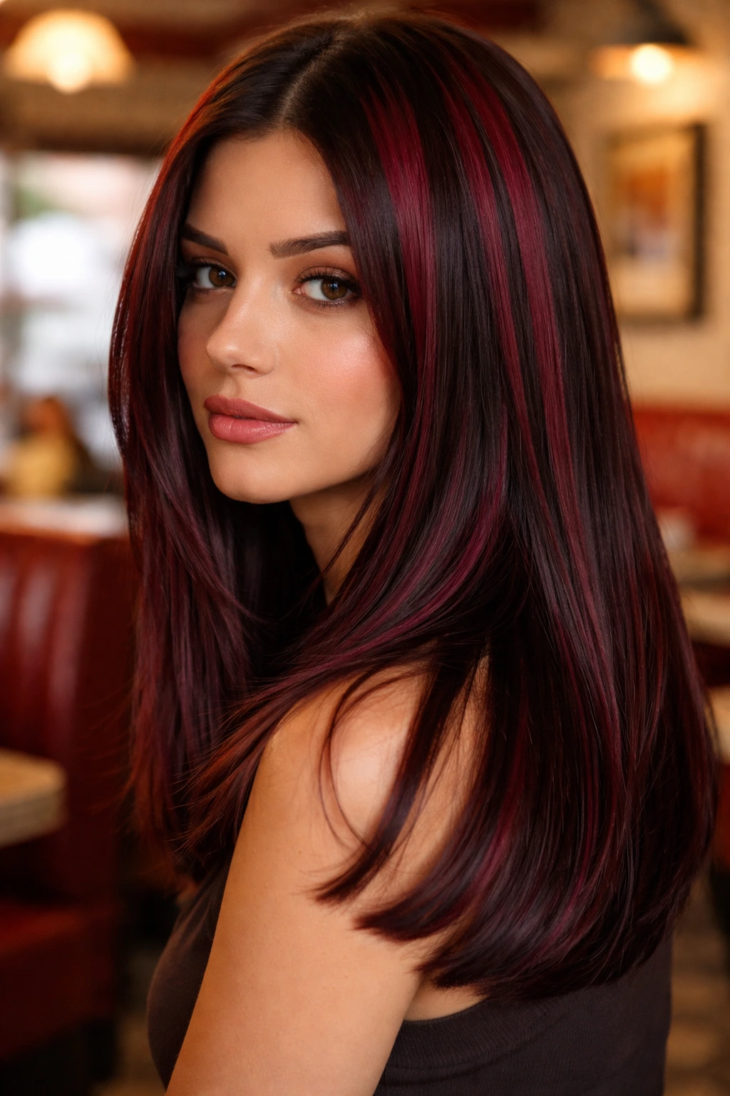 Close-up of a real person with burgundy chunky lights in shoulder-length hair