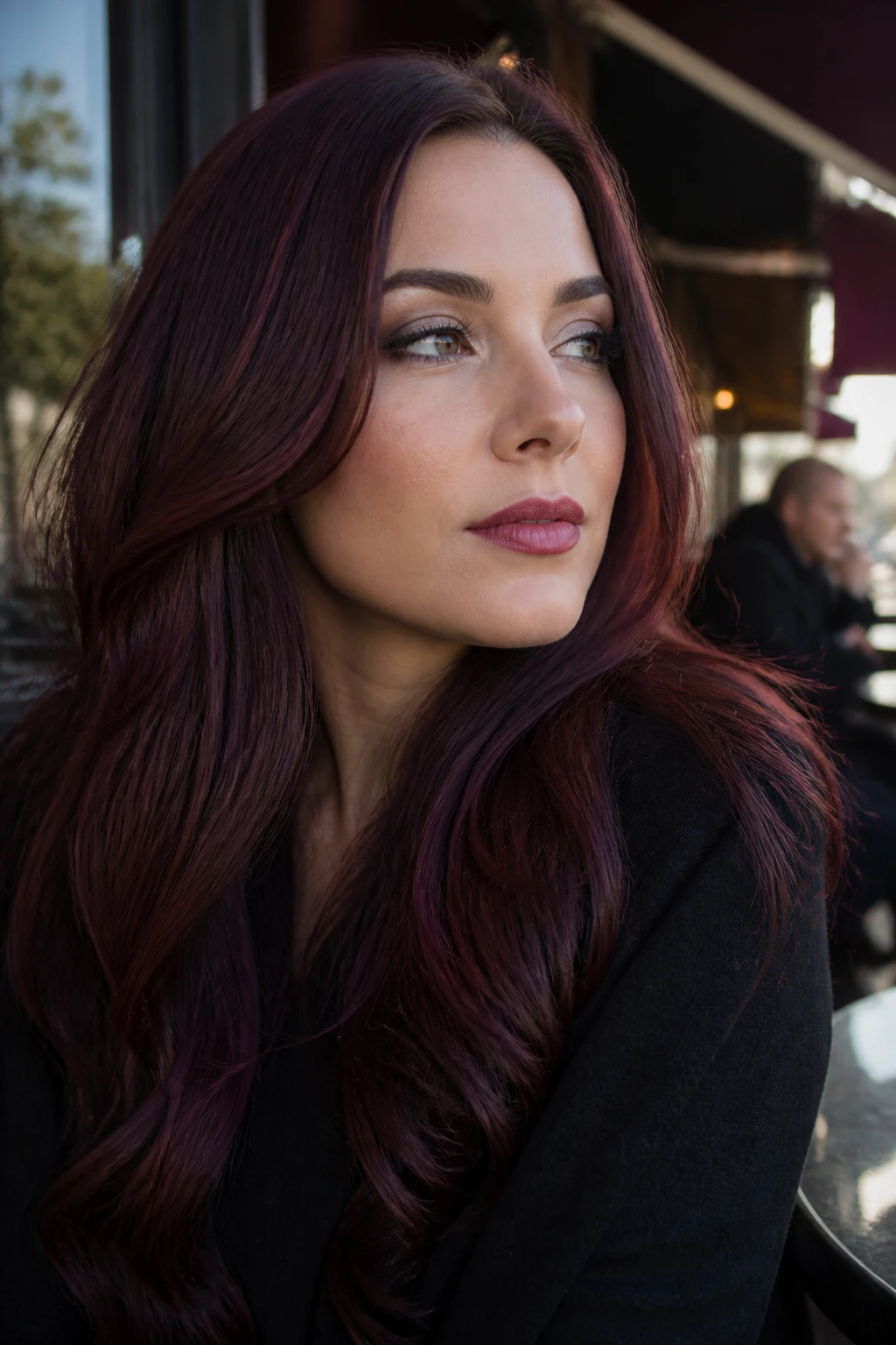 Close-up of a real woman with cool burgundy-tinted cocoa hair at a cafe.