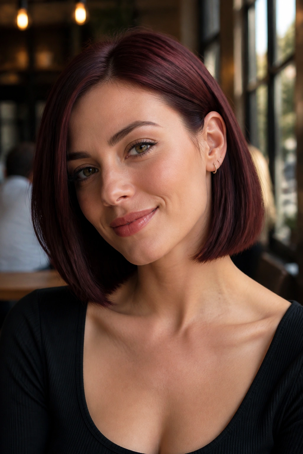 Close-up of a real woman with a sleek collarbone burgundy bob