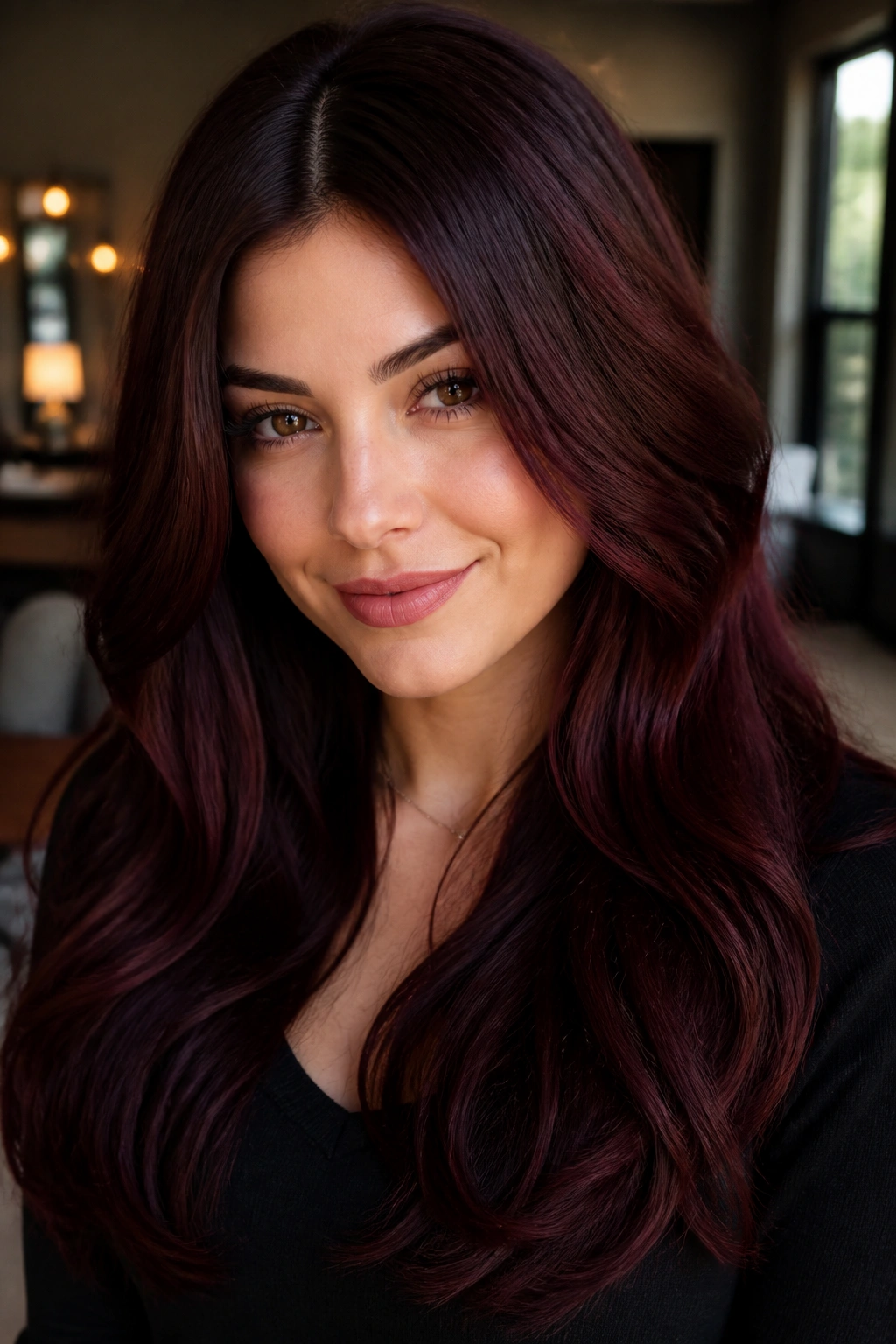 Close-up portrait of a woman with red velvet brunette hair in warm window light