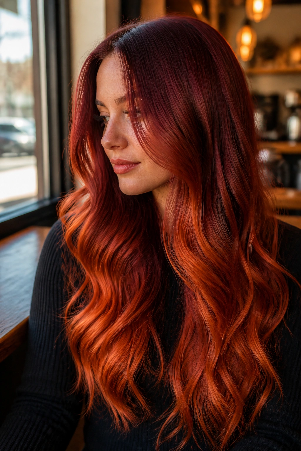 Close-up of a real woman with burgundy to copper gradient on long hair