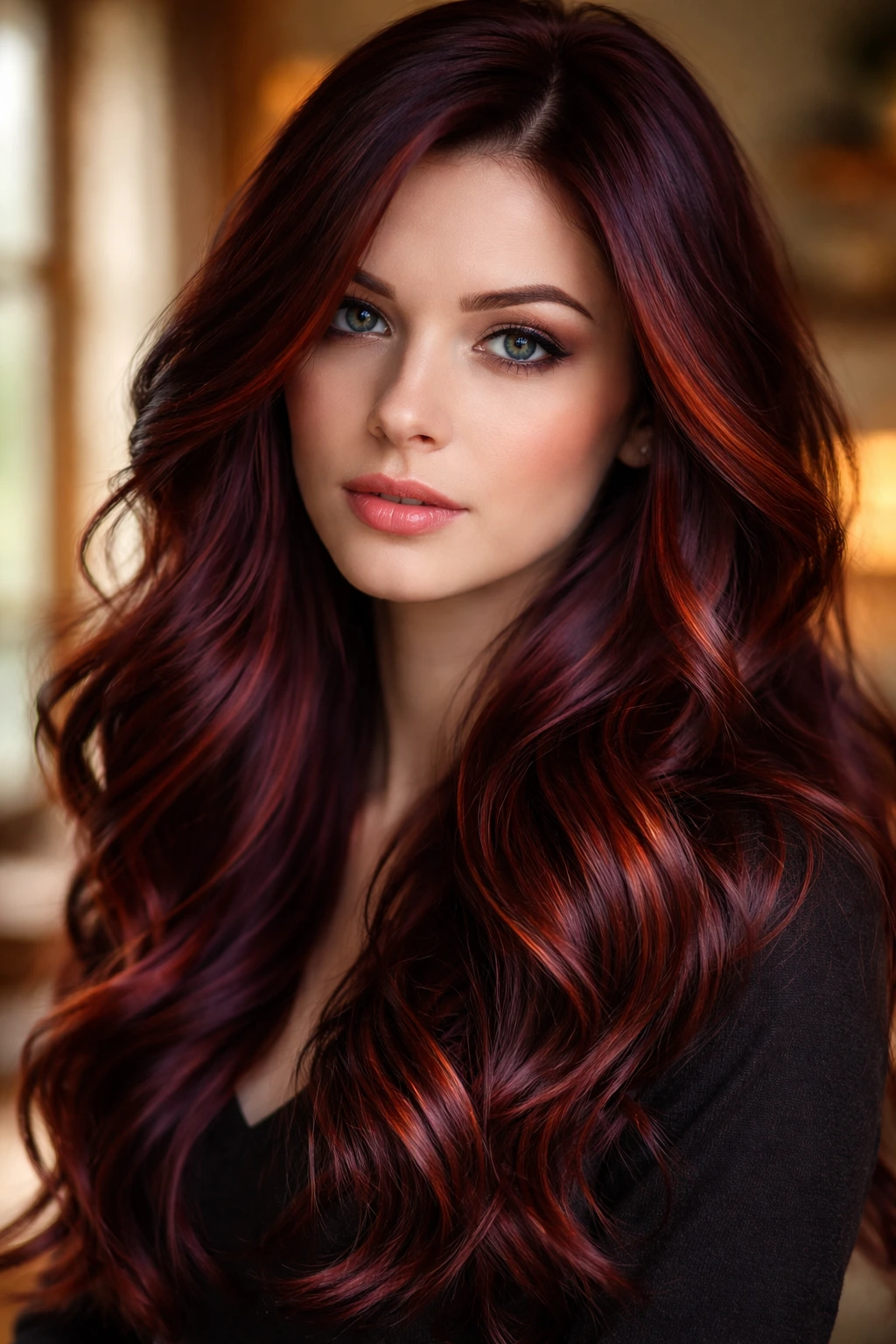 Close-up of deep burgundy-copper hair on a cool skin tone with violet base and copper ribbons.