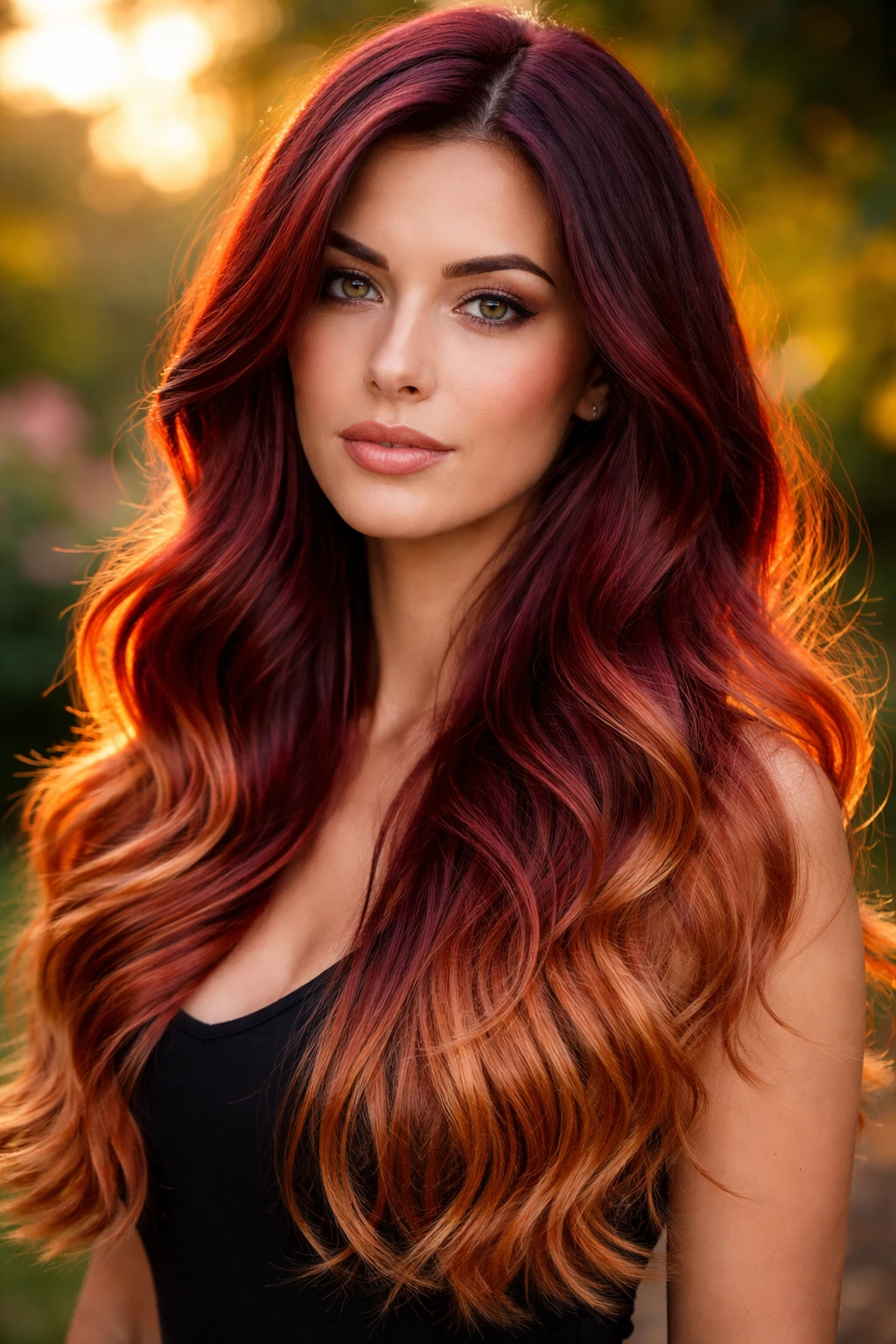 Real woman with burgundy-to-copper melt hair in golden hour light