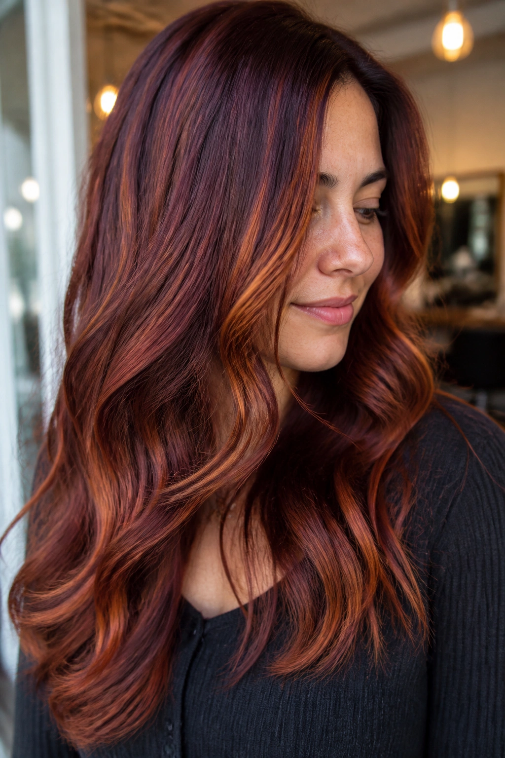 Close-up of burgundy hair with copper ribbon highlights on a real woman in a warm salon.
