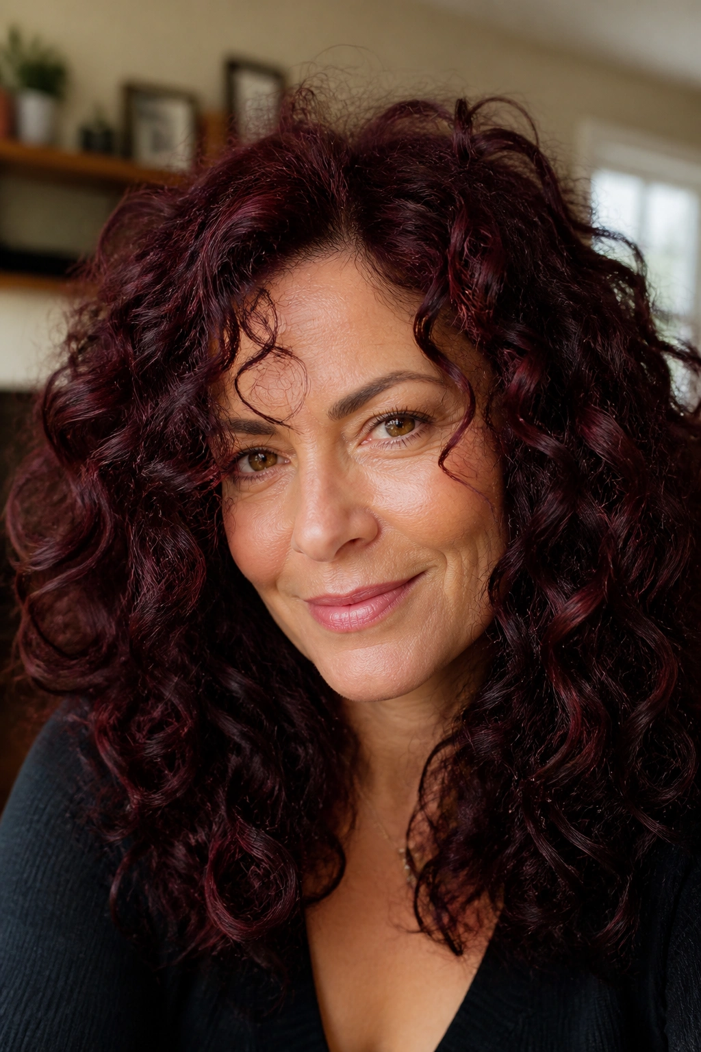 Close-up of a real woman with burgundy curls in warm window light.