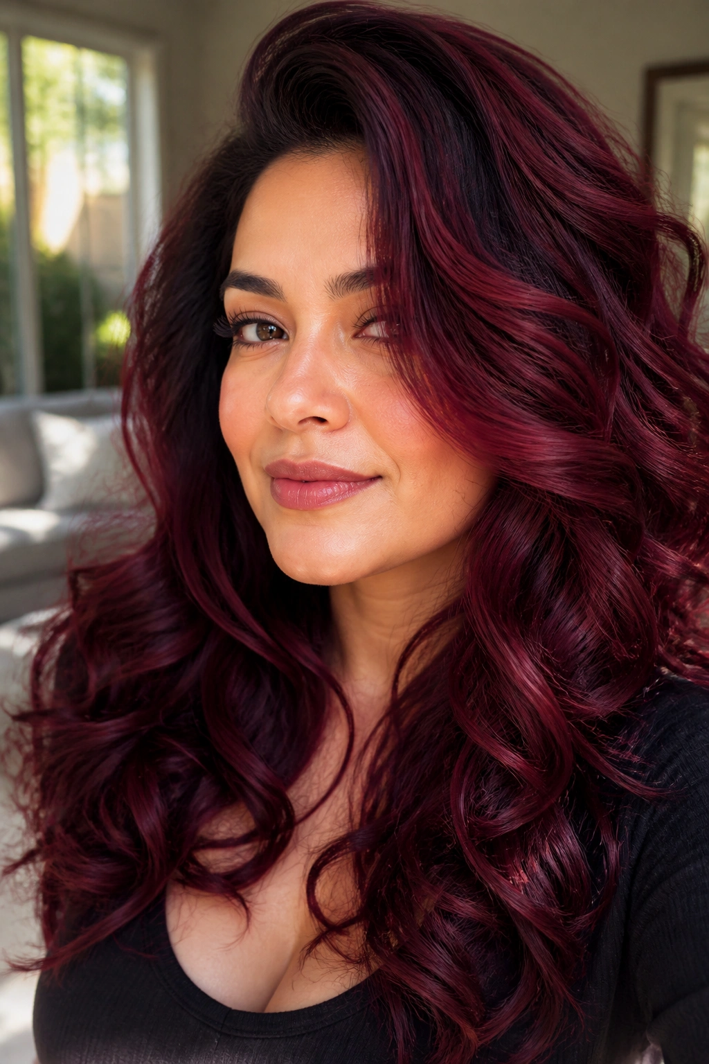 Close-up of a woman with voluminous burgundy curls and a side sweep.