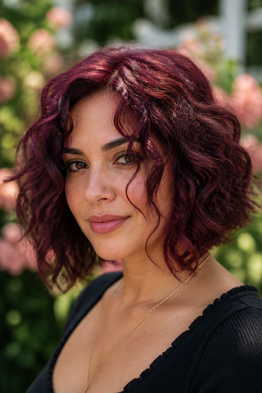 Portrait of a real woman with curly burgundy bob and face-framing curls in soft sunlight