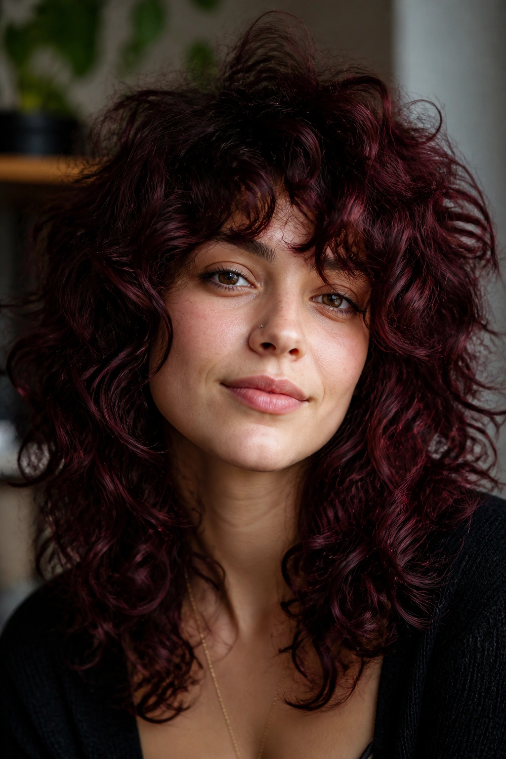 Close-up of burgundy curly shag with crown height on a real person