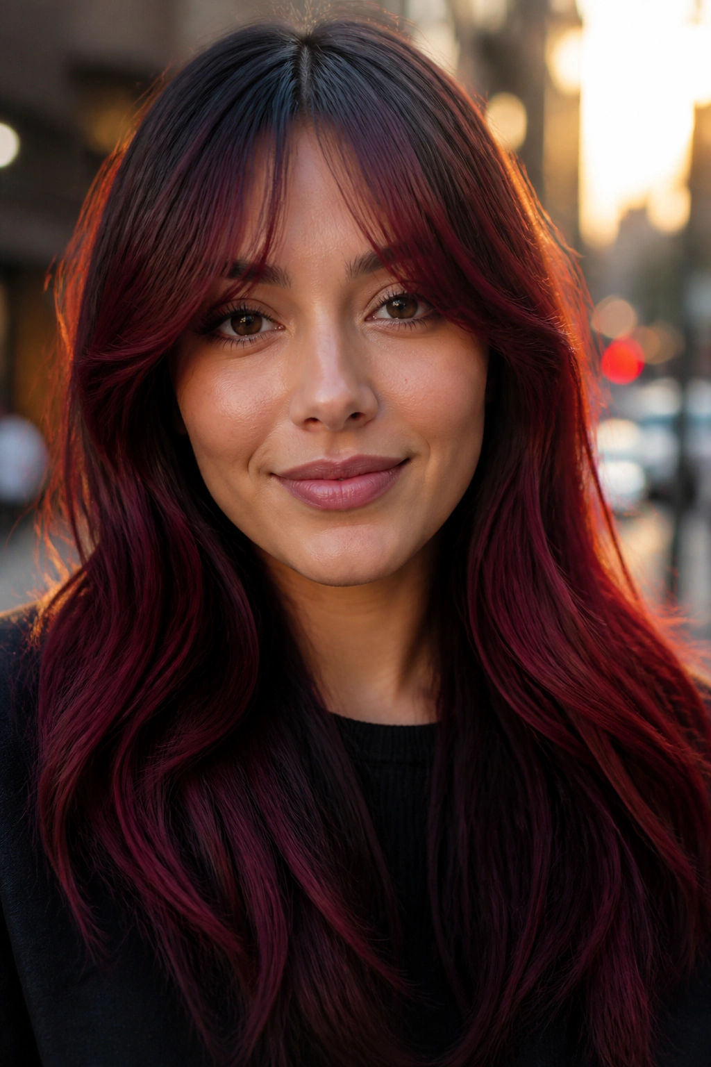 Portrait of a real woman with burgundy curtain bangs and long burgundy hair.