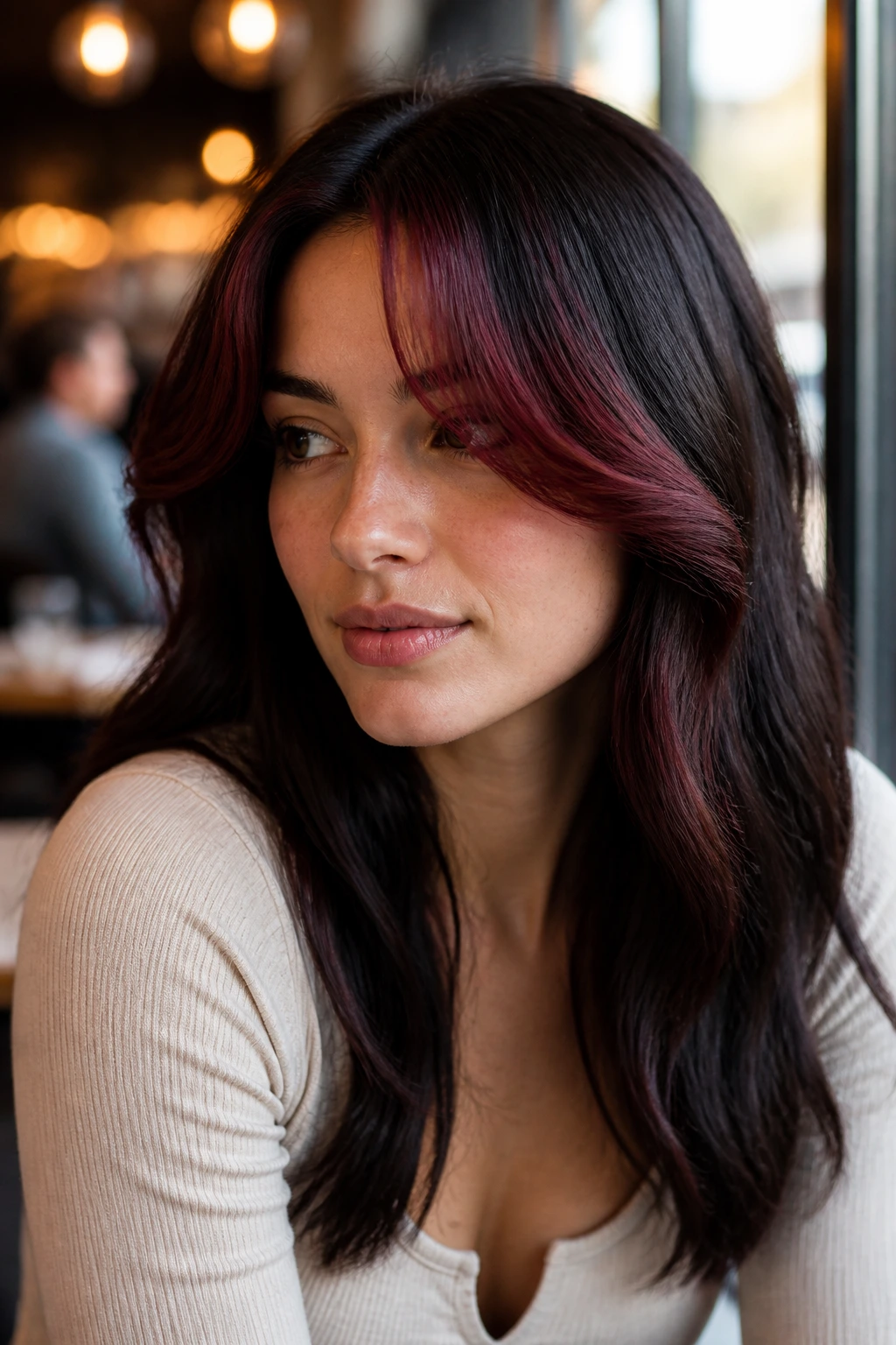 Close-up of a real person with burgundy curtain bangs framing the face