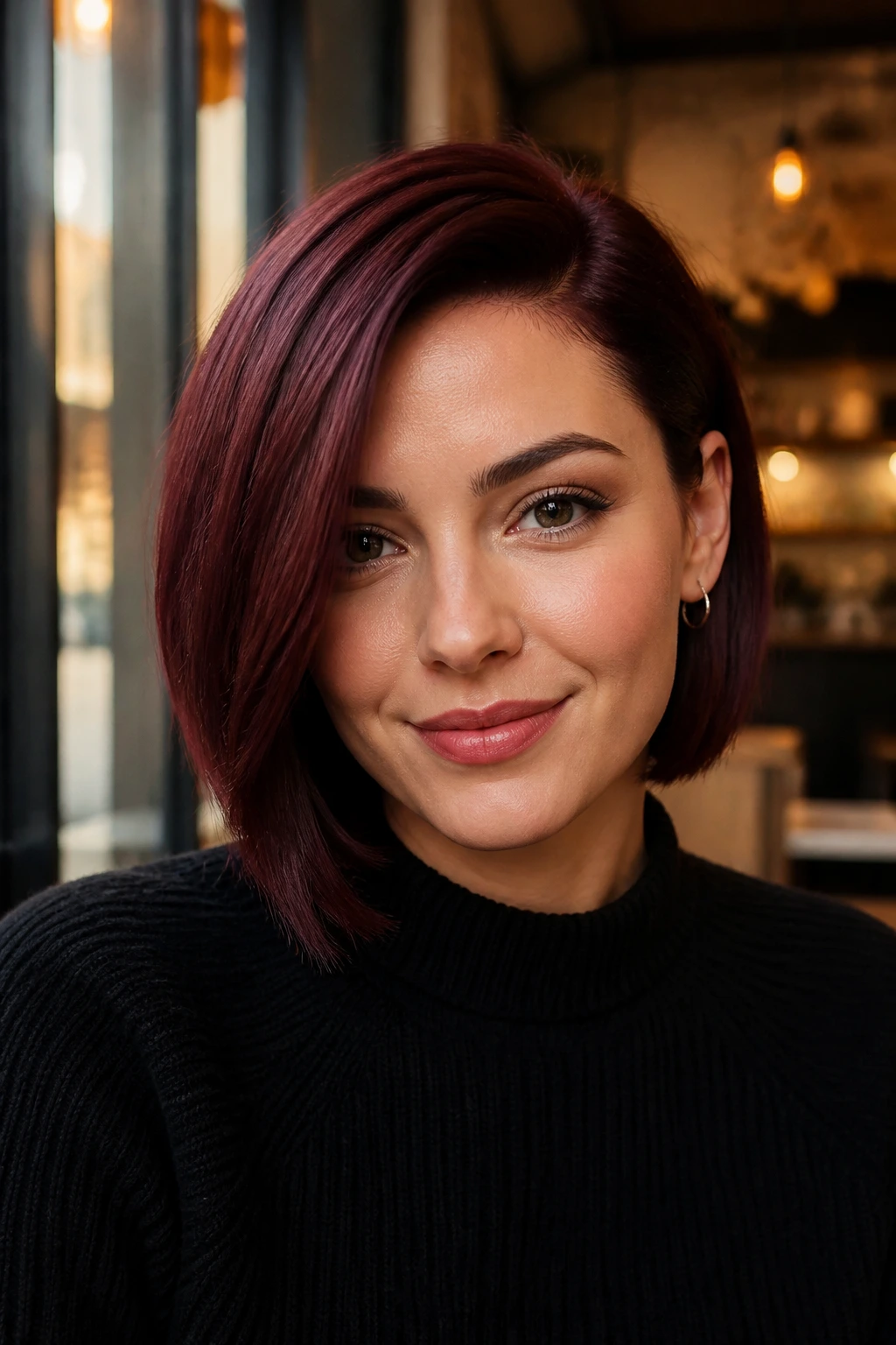 Portrait of a real woman with deep side-part burgundy bob tucked side in coffee shop light