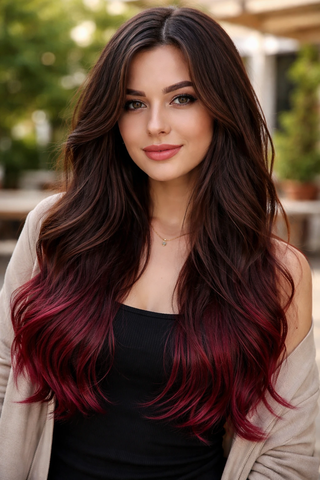 Close-up of burgundy dip-dye ends on real hair