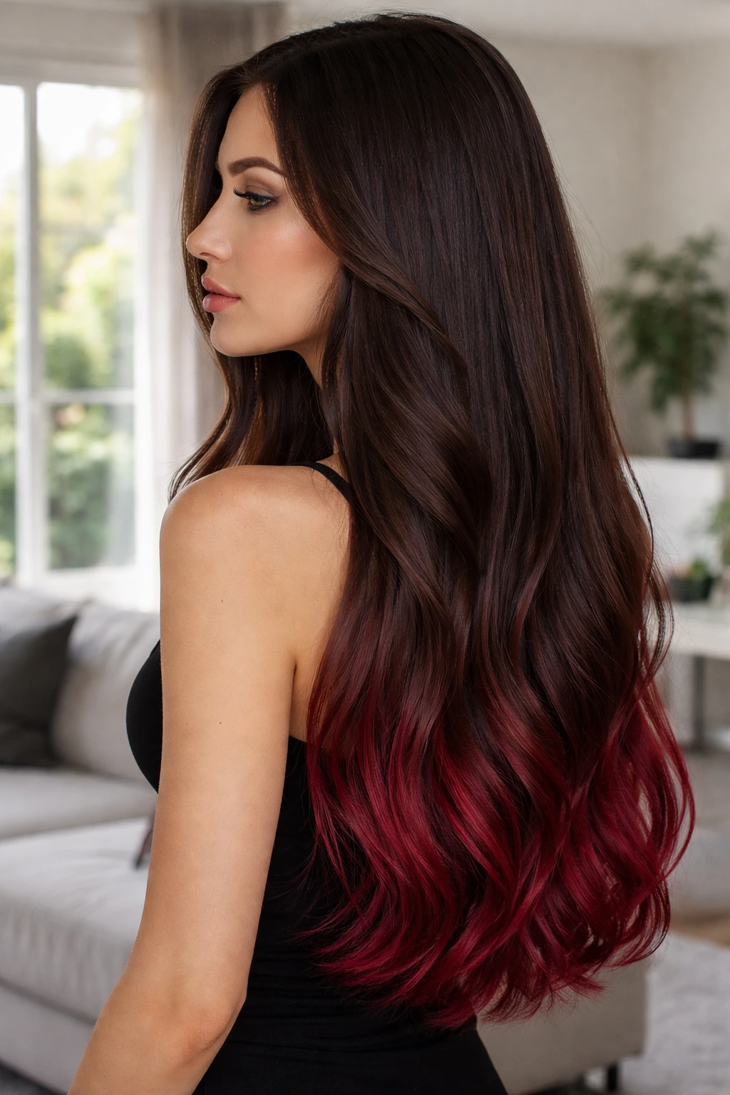 Profile view of long hair with burgundy dip dyed ends on a real person