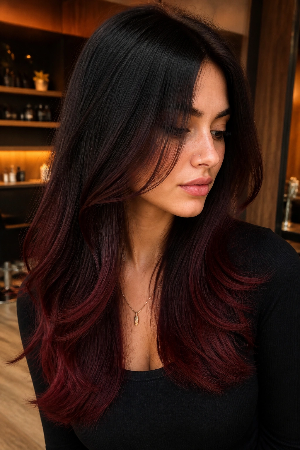 Close-up of a real woman with jet black hair and deep burgundy ends.