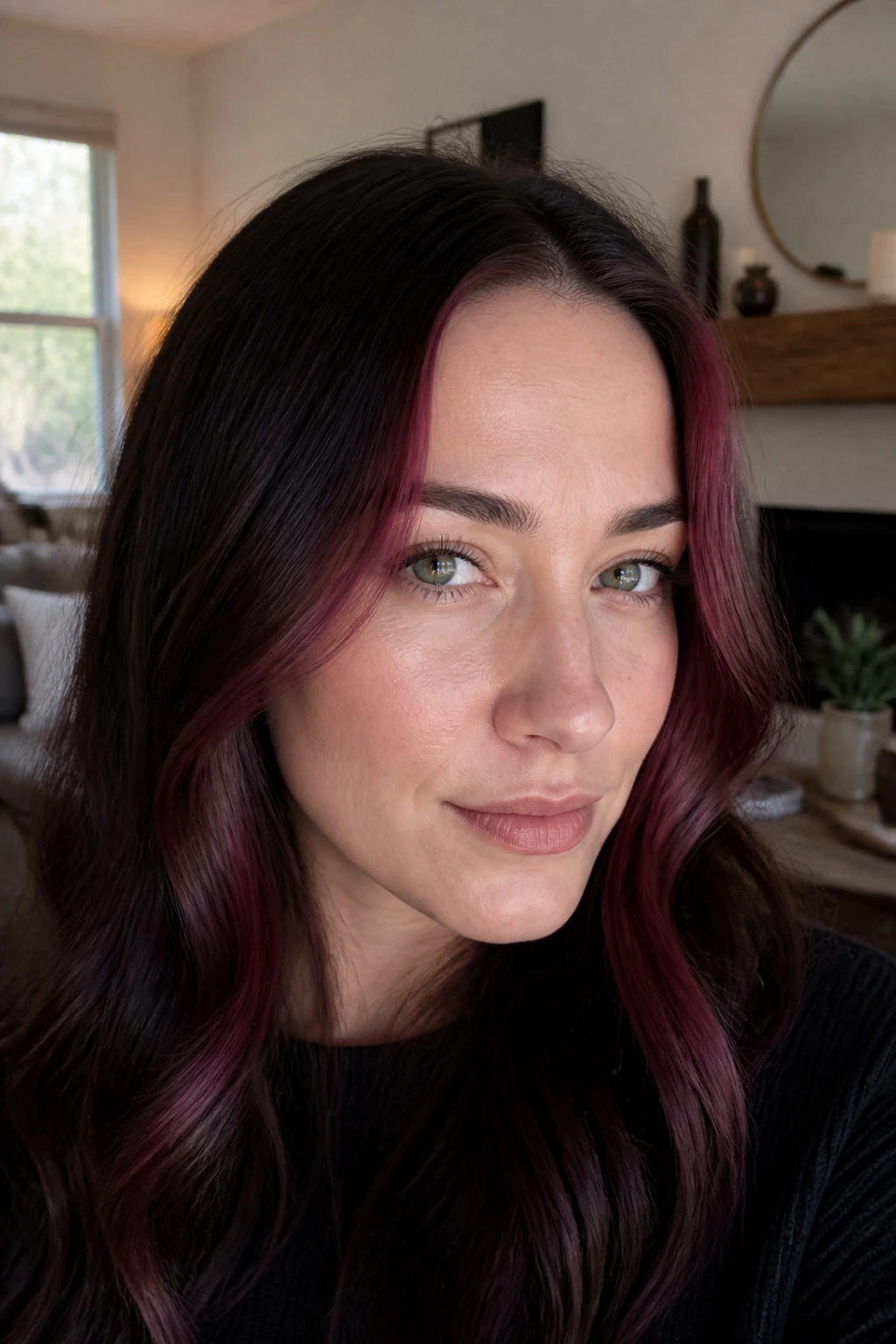 Real woman with burgundy face-framing hair around the front hairline in a cozy room.