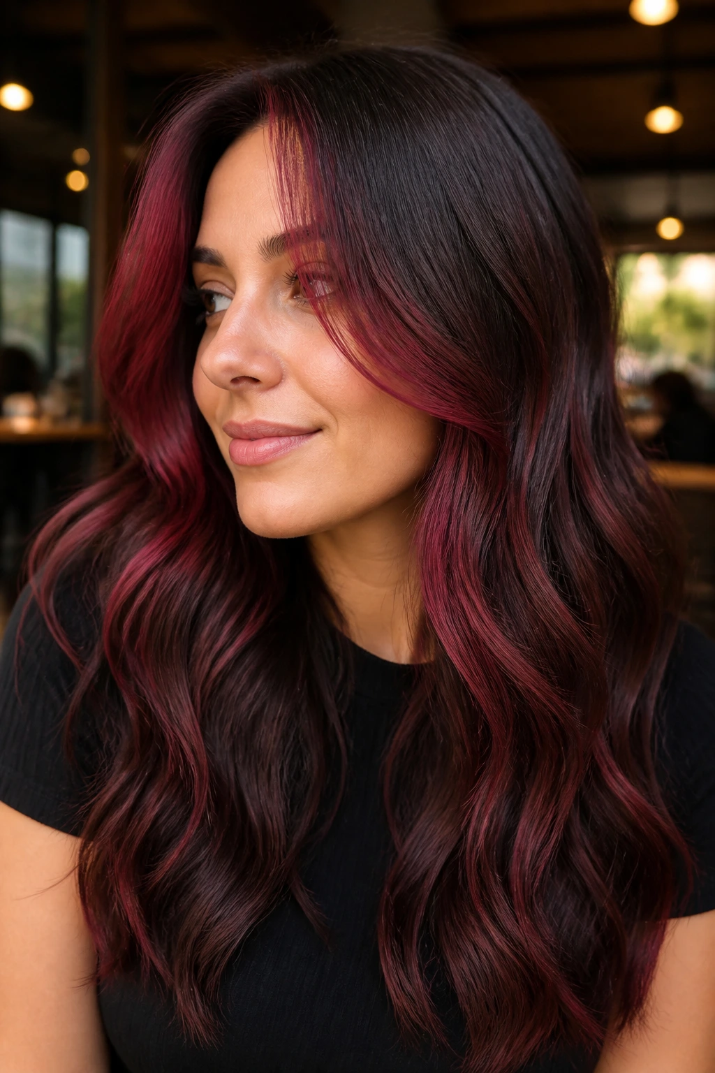 Close-up portrait of burgundy face-frame balayage on dark brown hair