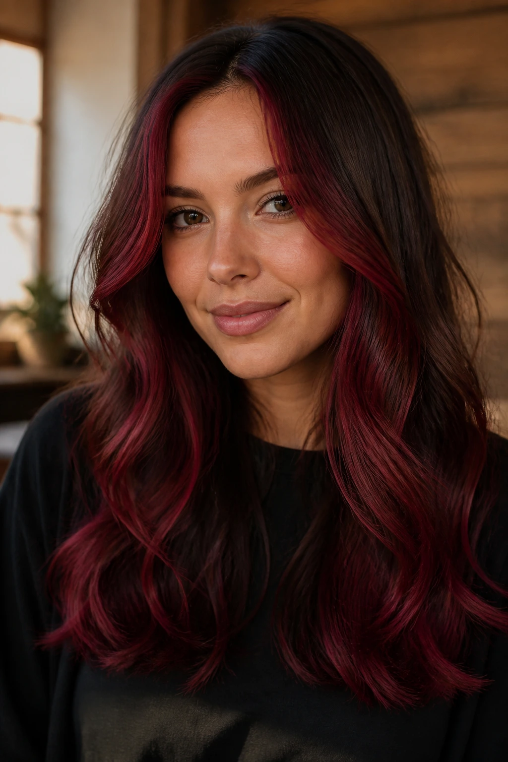 Close-up of burgundy face-frame and ends on brown hair
