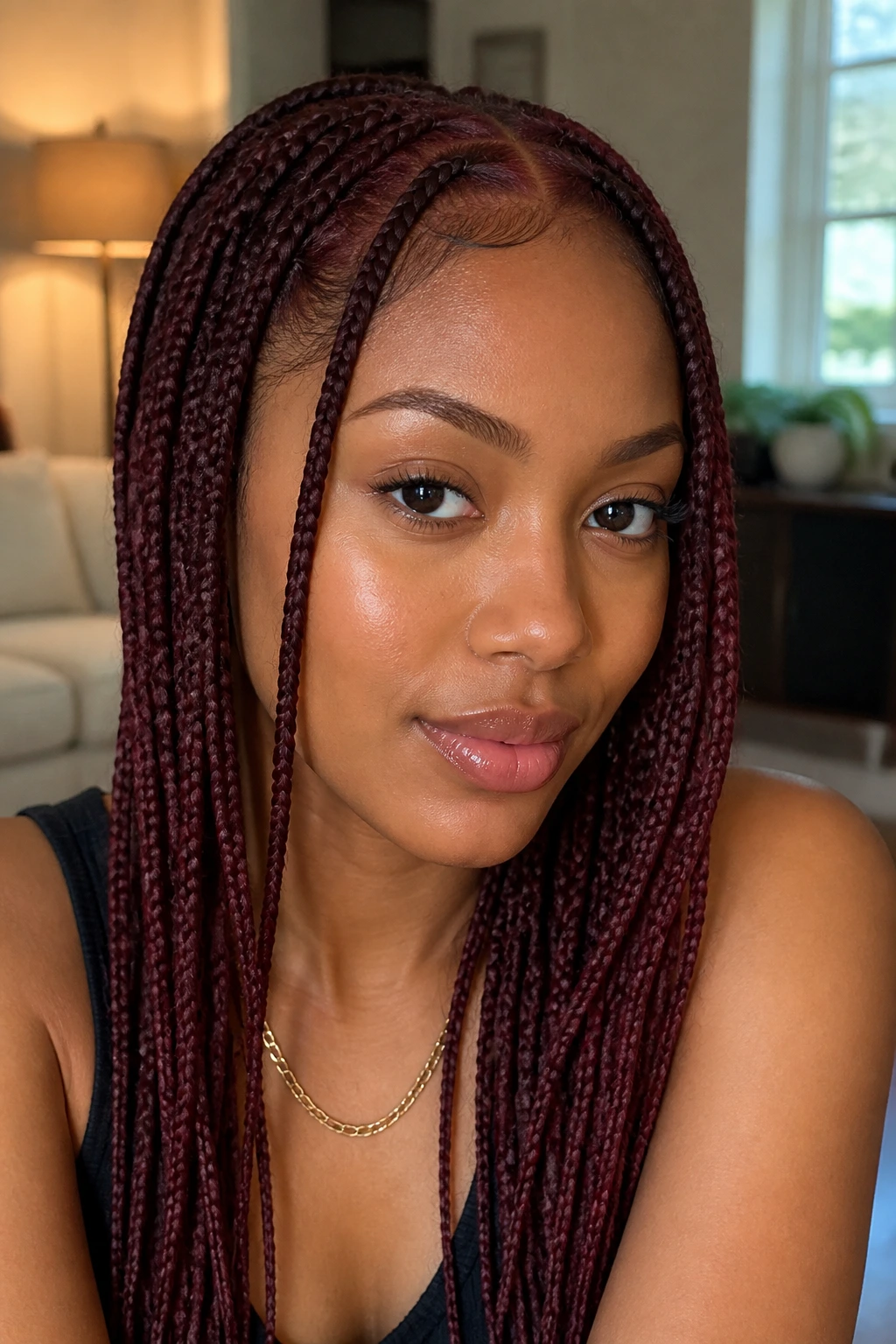 Portrait of a woman with burgundy box braids including face-framing pieces