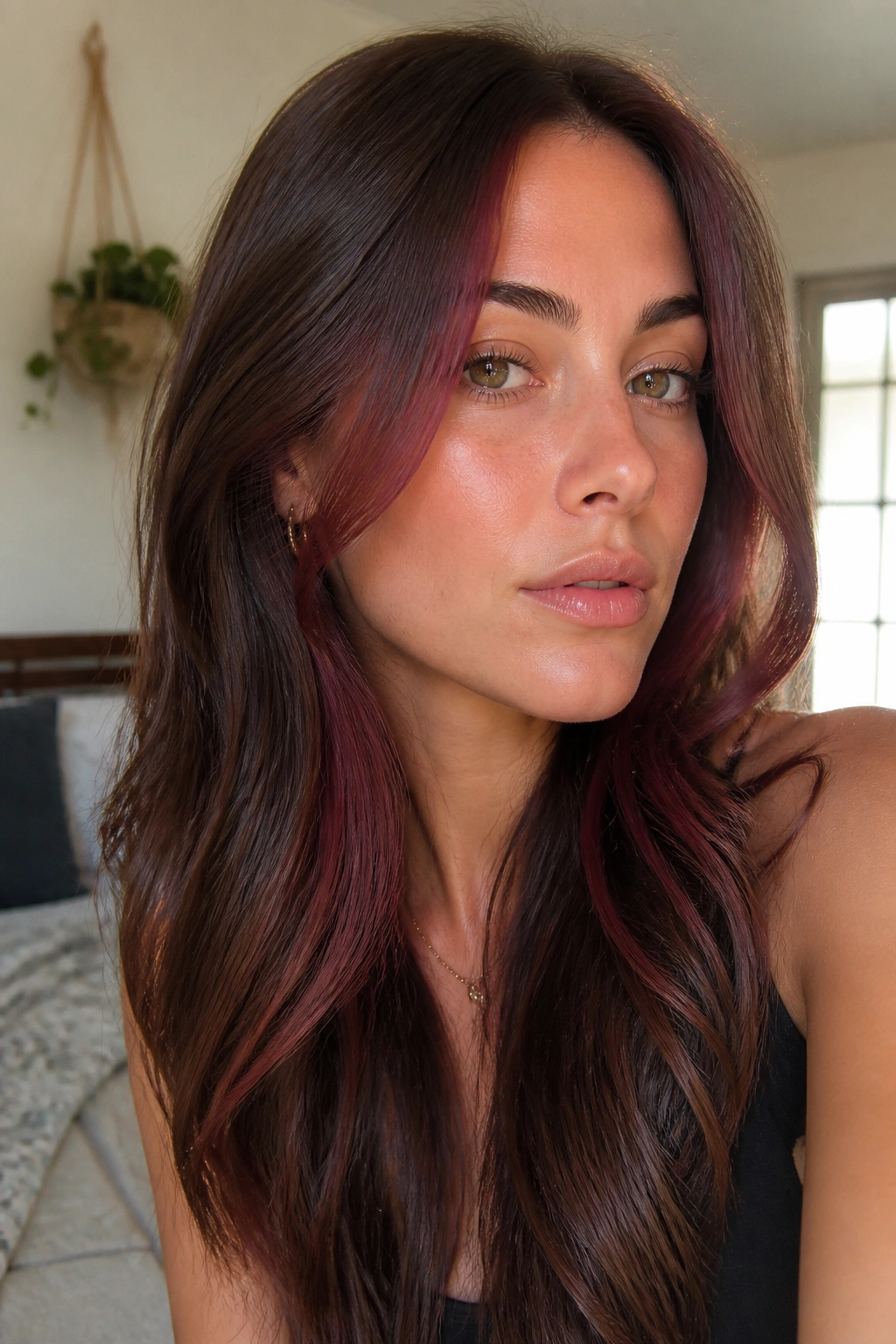 Close-up portrait of a real woman with cherry burgundy face-framing pieces around the cheeks on medium brown hair.