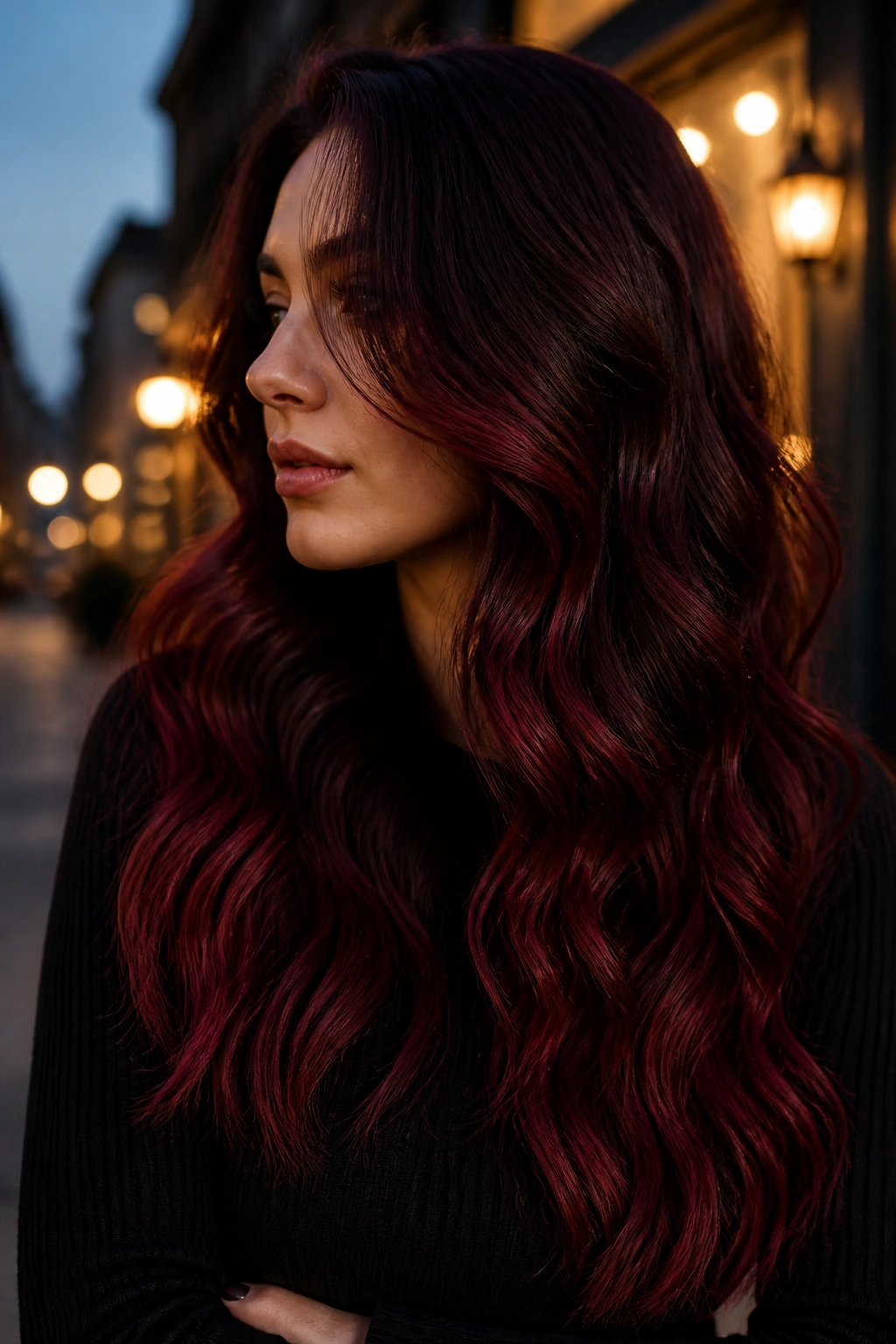 Close-up of burgundy fade ombre on waves with a moody dusk backdrop