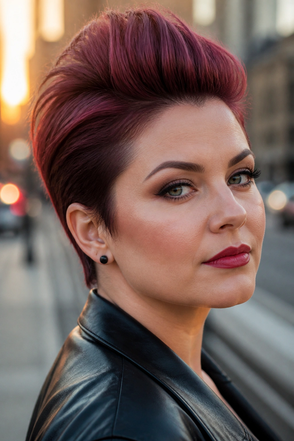 Close-up of a woman with burgundy soft faux hawk.