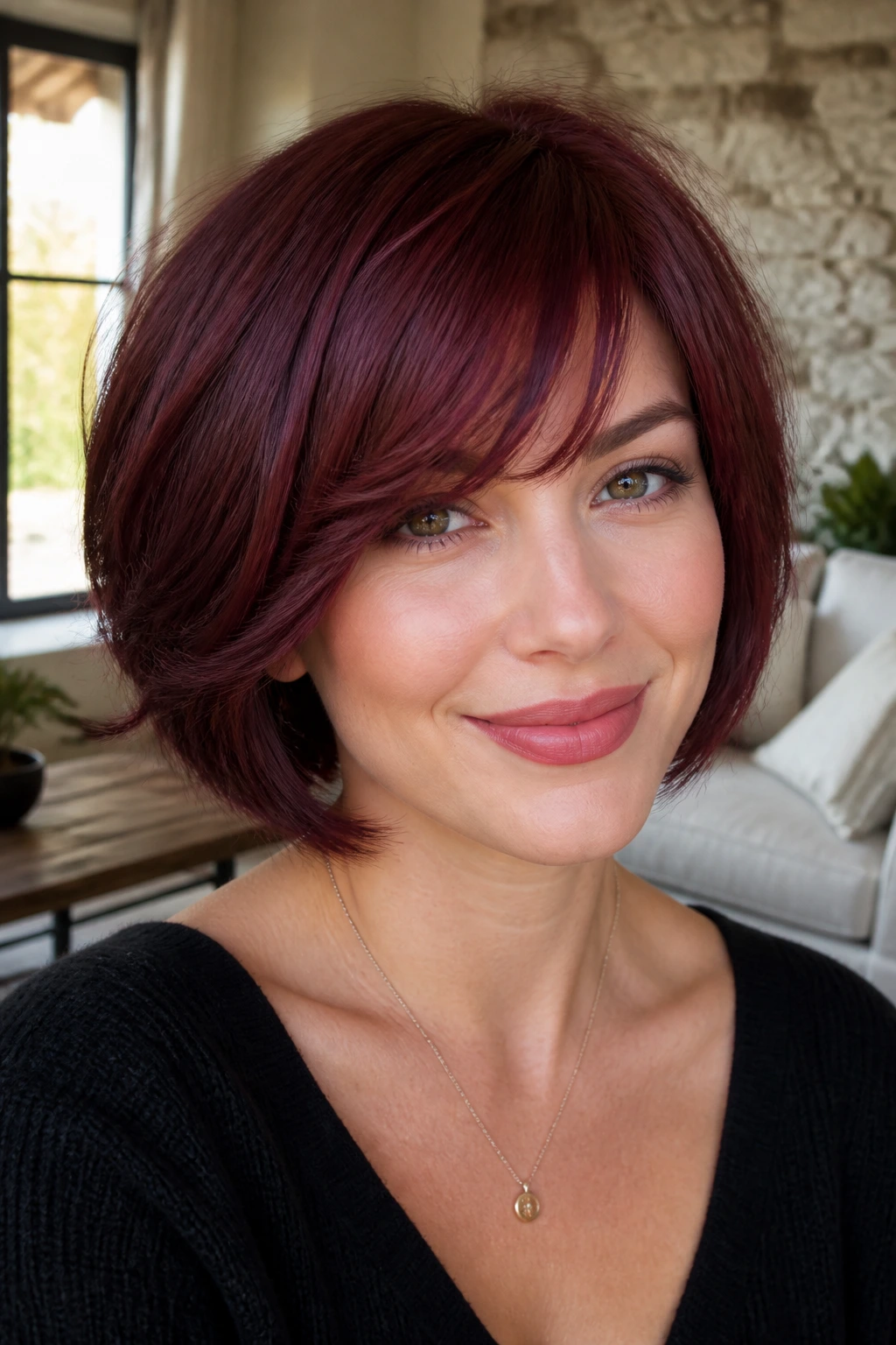 Portrait of a real woman with feathered burgundy bob and side bangs in sunlit room