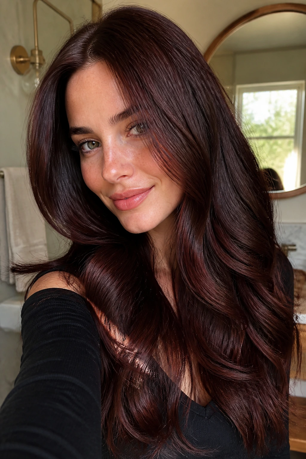Brunette with burgundy tones and glossy finish