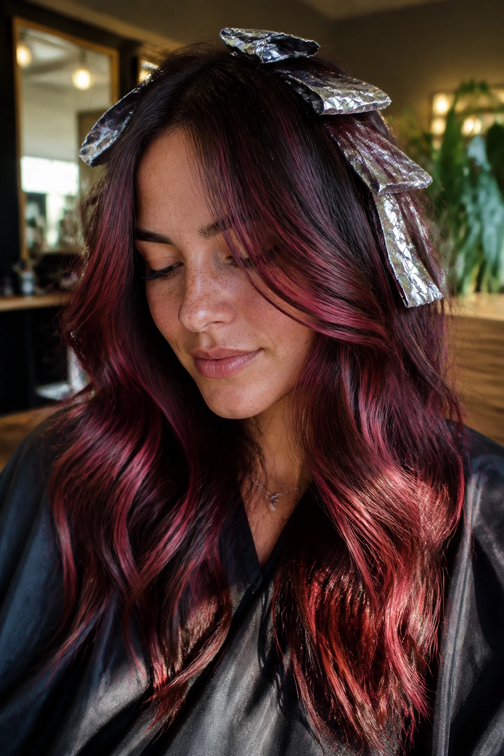 Brunette with burgundy pink foilayage on long layered hair in a sunlit salon