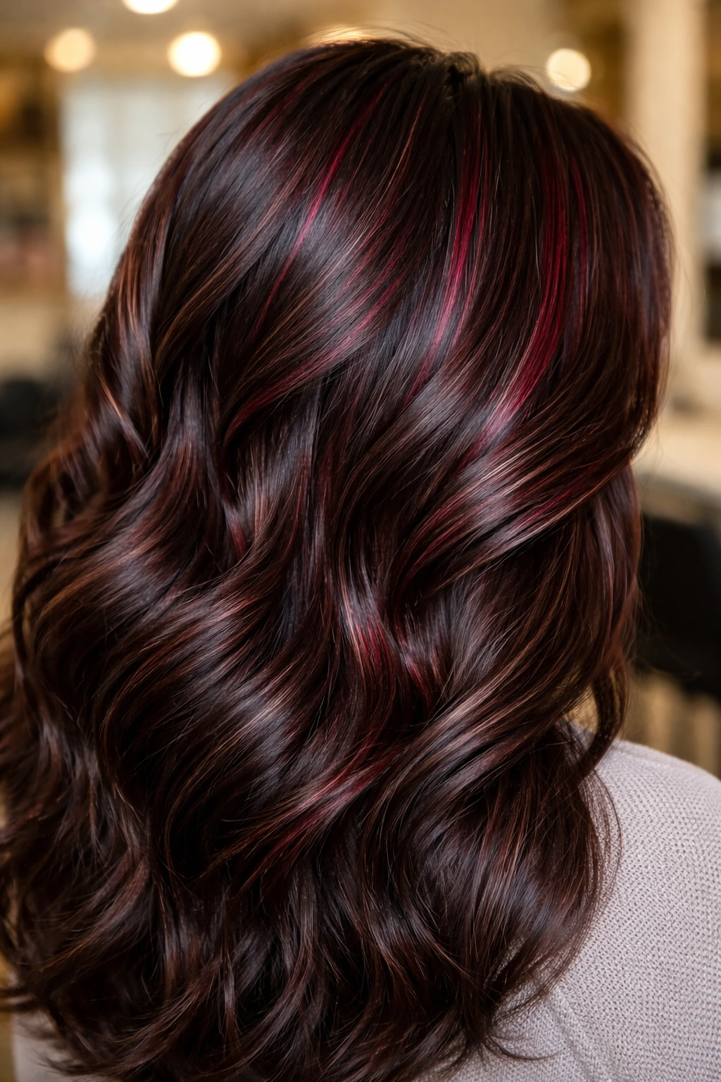 Close-up of a real person with burgundy foils in thick brown hair
