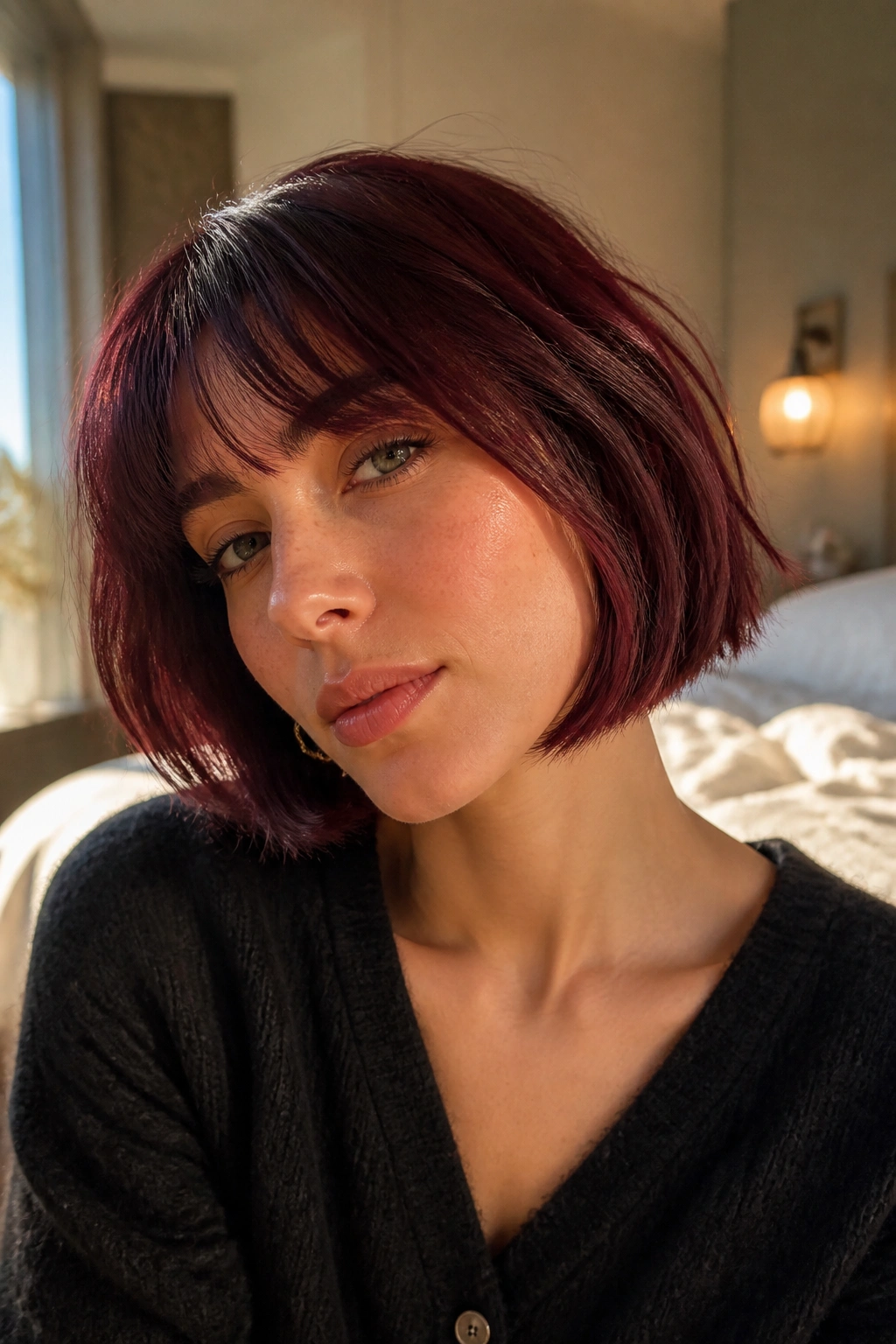 Portrait of a real woman with burgundy French bob and soft fringe