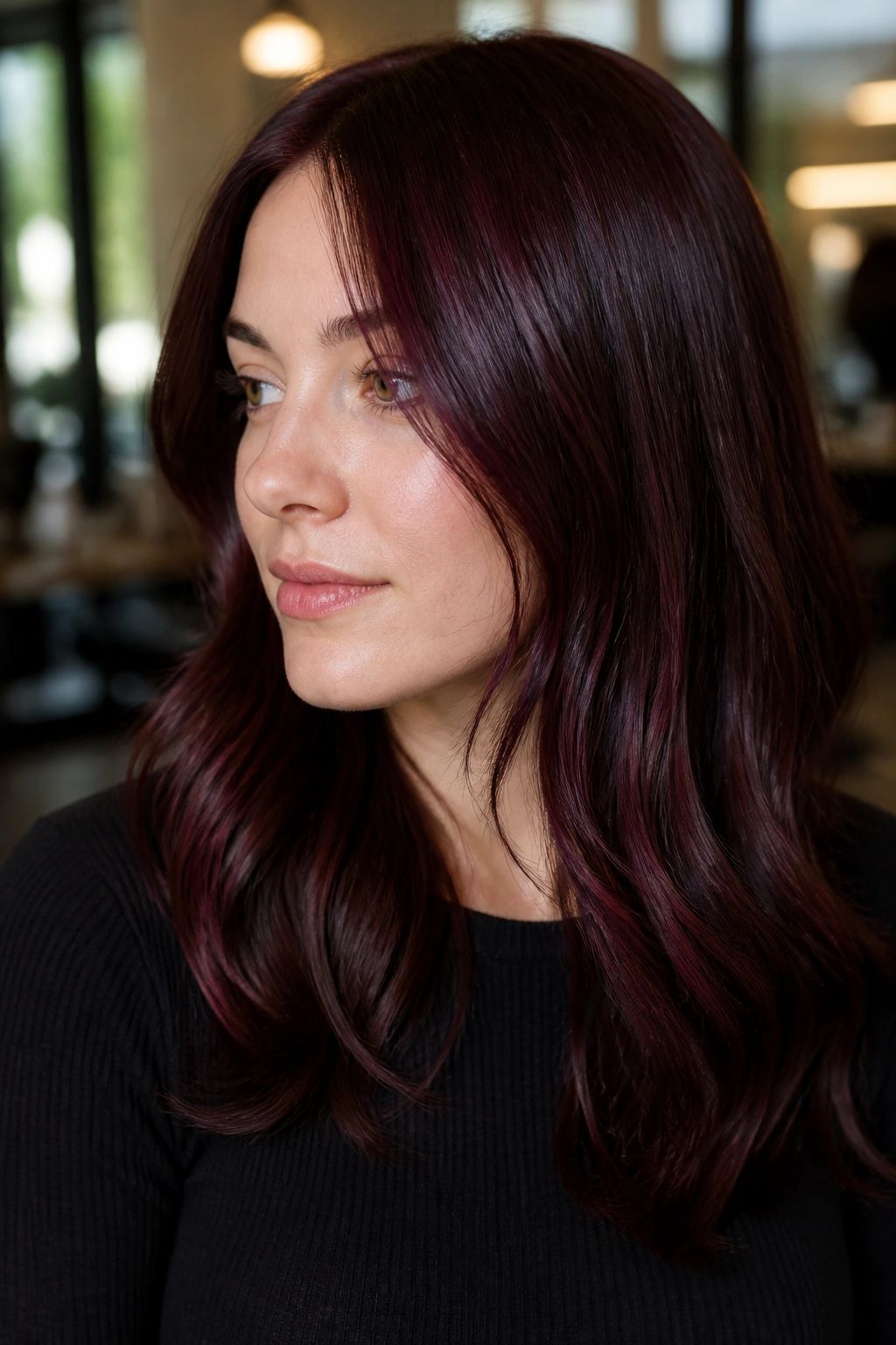 Close-up of brunette hair with burgundy gloss highlighting cool undertones