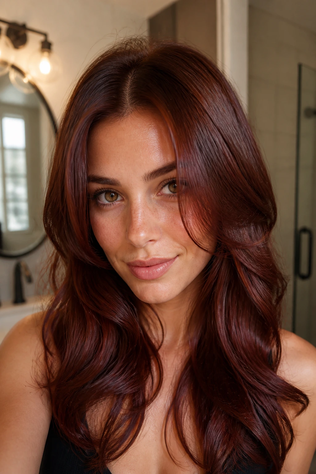Brunette hair with burgundy gloss over cinnamon tones, glossy shine