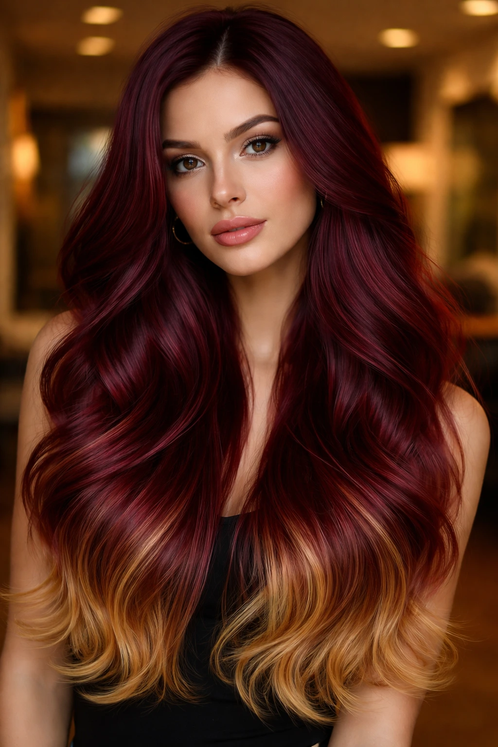 Hair with burgundy base and gold-tipped ends in a close-up portrait