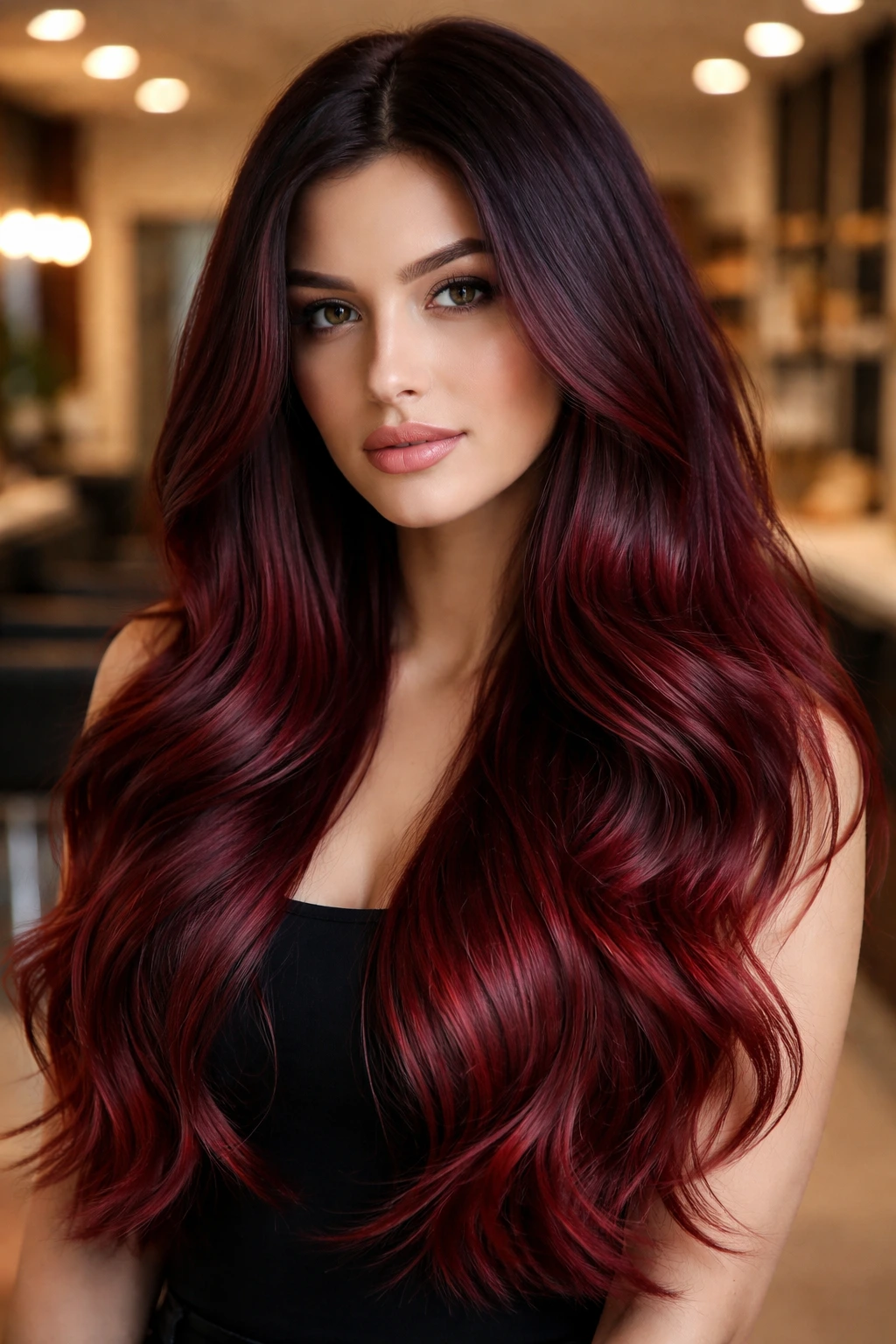 Close-up of a real woman with long burgundy gradient hair from dark wine roots to lighter red ends