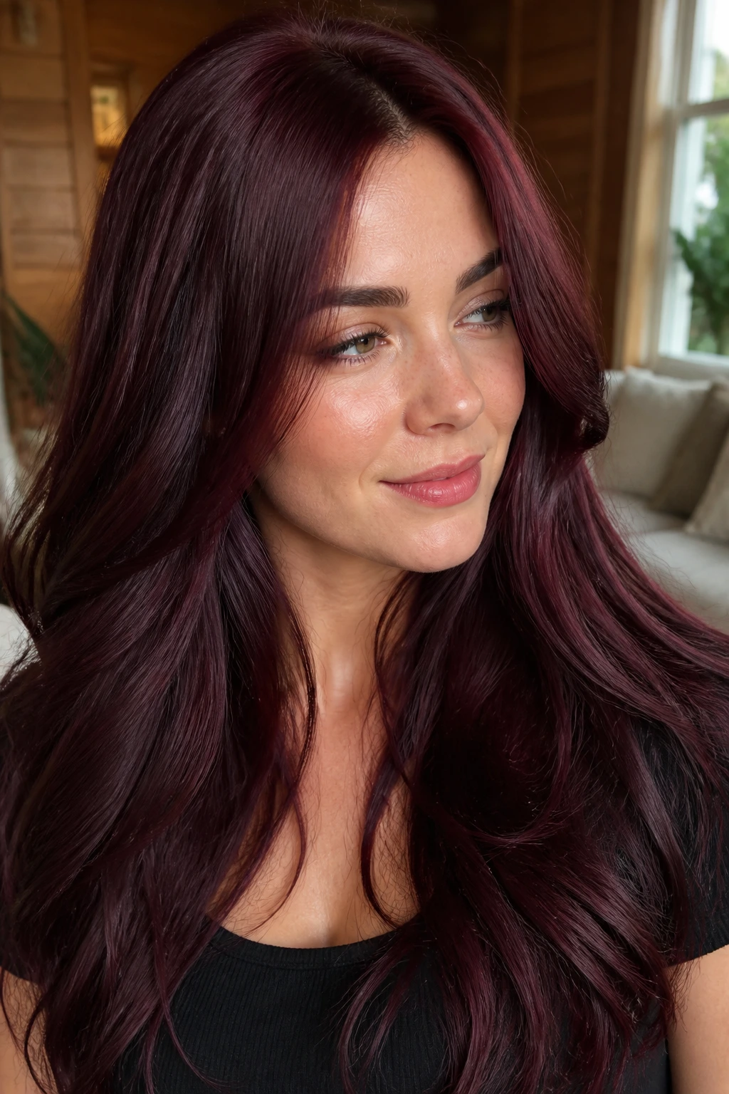 Close-up portrait of a person with blue-red wine burgundy hair in natural light