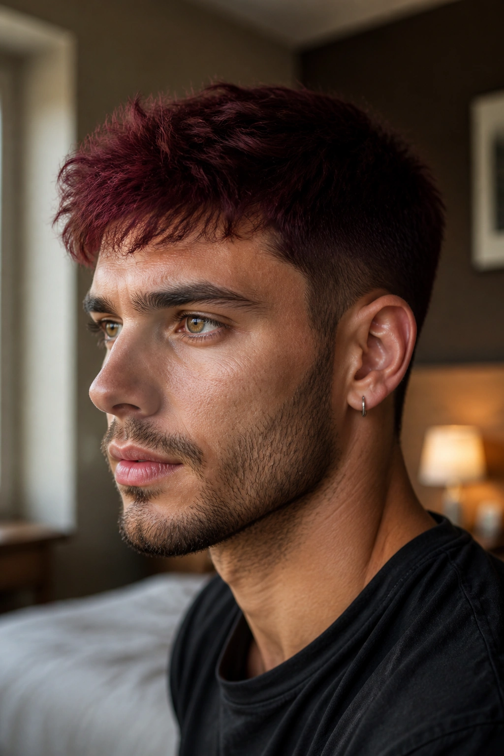 Close-up portrait of a man with burgundy hair in a short textured crop.