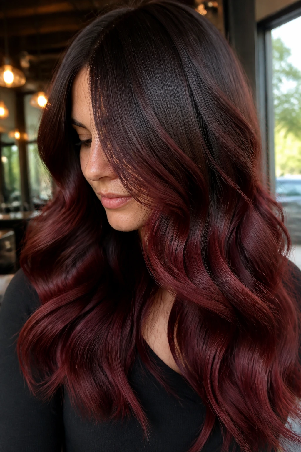 Close-up portrait of a real woman with chocolate-brown roots fading into burgundy-red through mid-lengths.